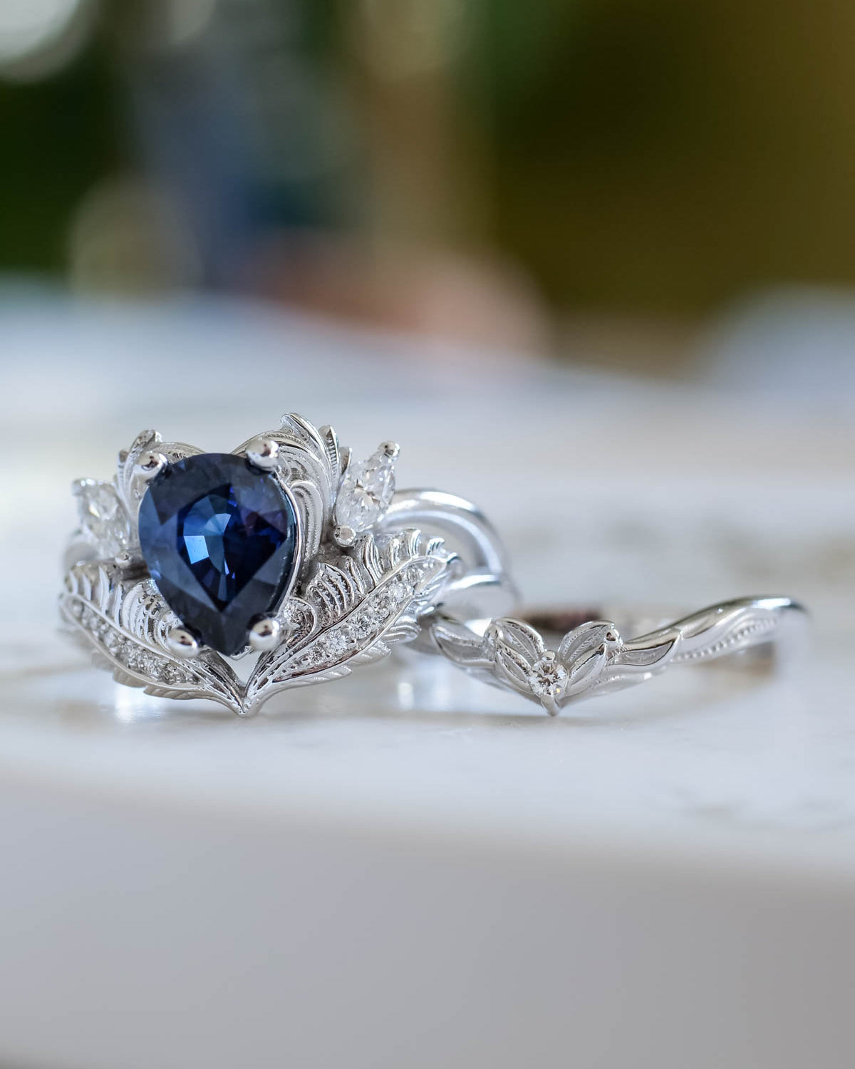 Genuine sapphire bridal ring set, gold engagement and wedding rings set with diamonds / Adonis - Eden Garden Jewelry™