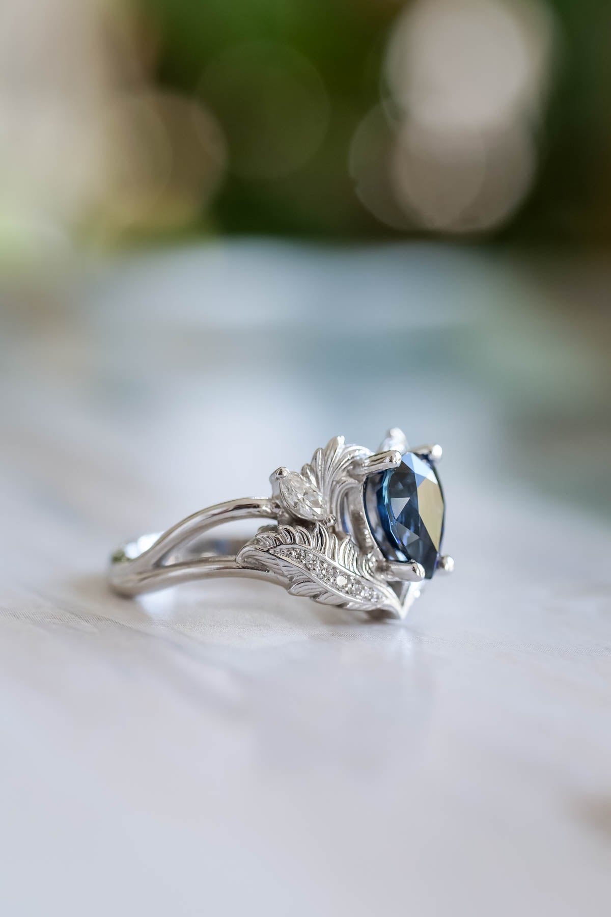 Royal blue sapphire engagement ring, gold nature inspired ring with diamonds / Adonis - Eden Garden Jewelry™