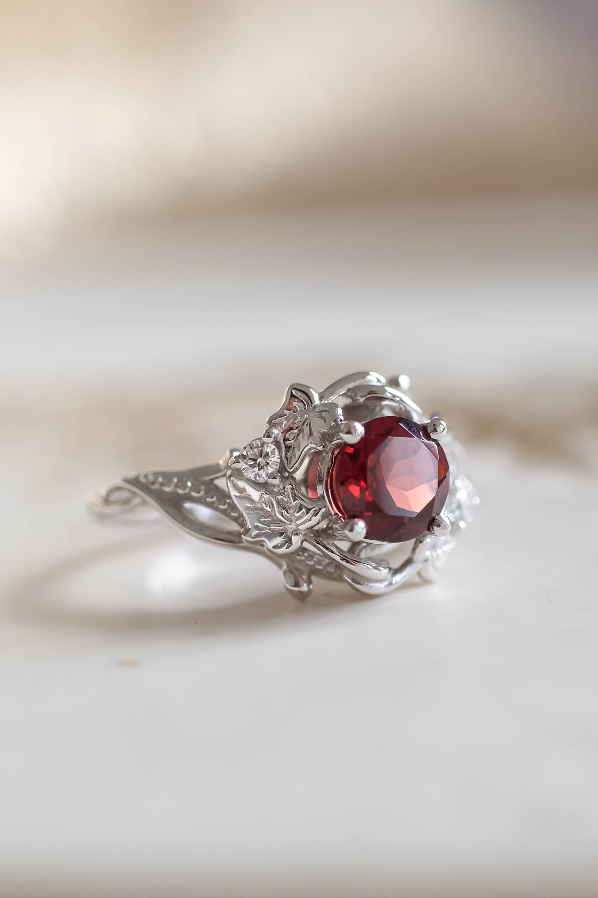 Natural garnet ivy leaves engagement ring, red gemstone ring / Undina - Eden Garden Jewelry™
