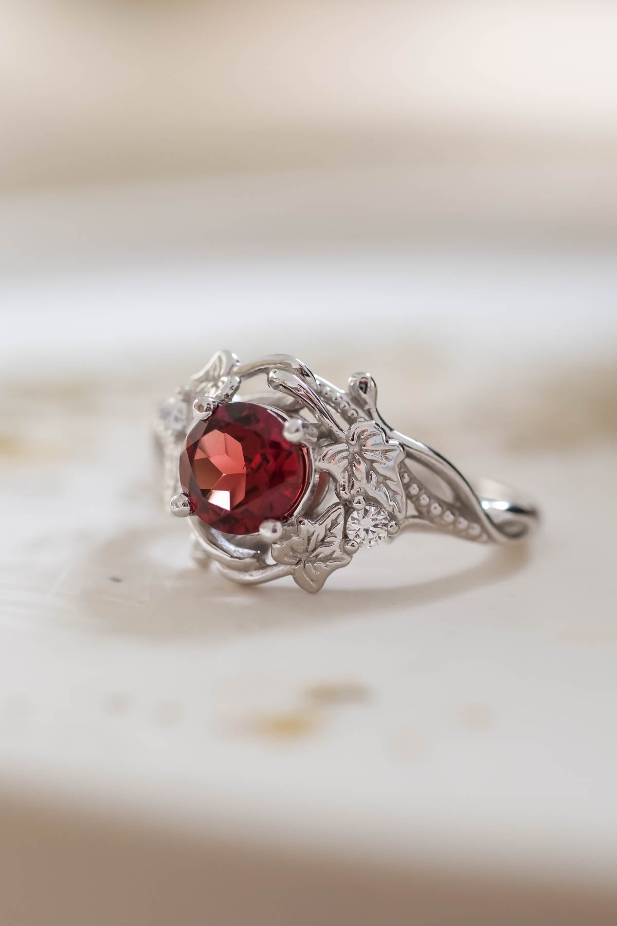 Natural garnet ivy leaves engagement ring, red gemstone ring / Undina - Eden Garden Jewelry™
