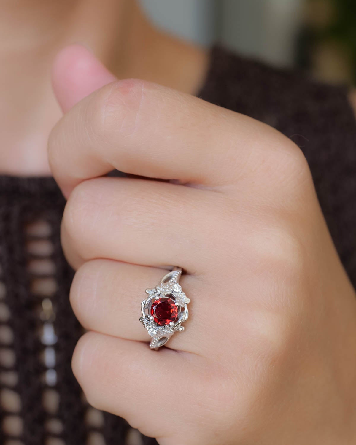 Natural garnet ivy leaves engagement ring, red gemstone ring / Undina - Eden Garden Jewelry™