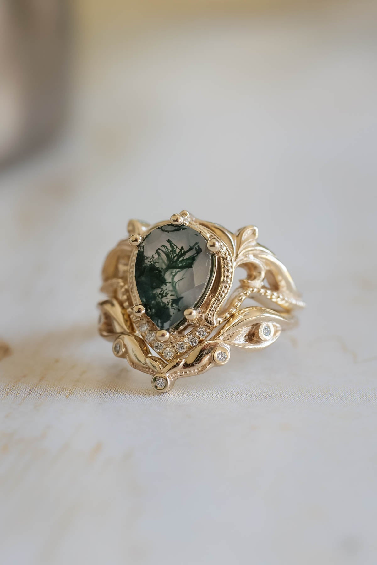 Moss agate engagement and wedding ring set / Lida - Eden Garden Jewelry™