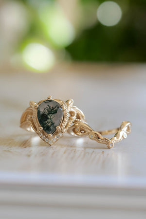 Unique moss agate bridal ring set, alternative engagement ring set / Lida - Eden Garden Jewelry™
