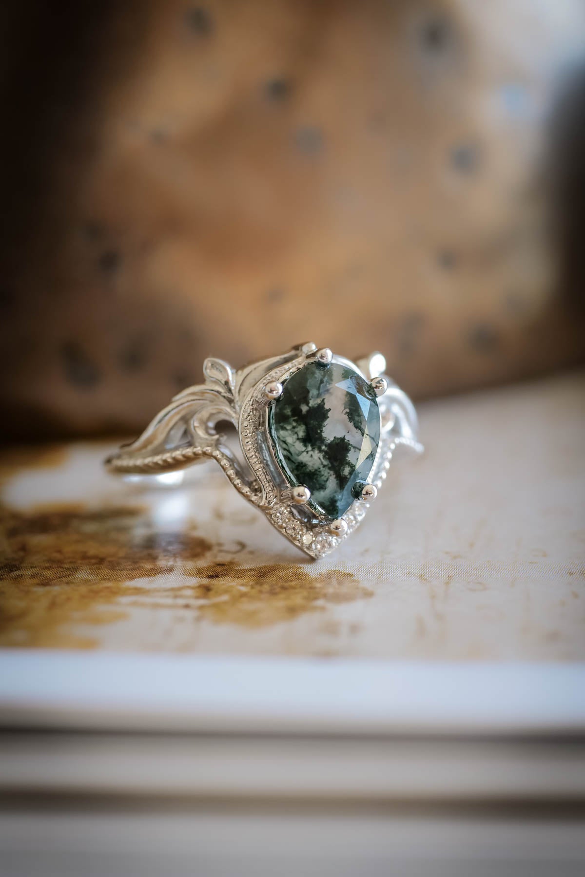 Moss agate white gold ring, one of a kind engagement ring / Lida - Eden Garden Jewelry™