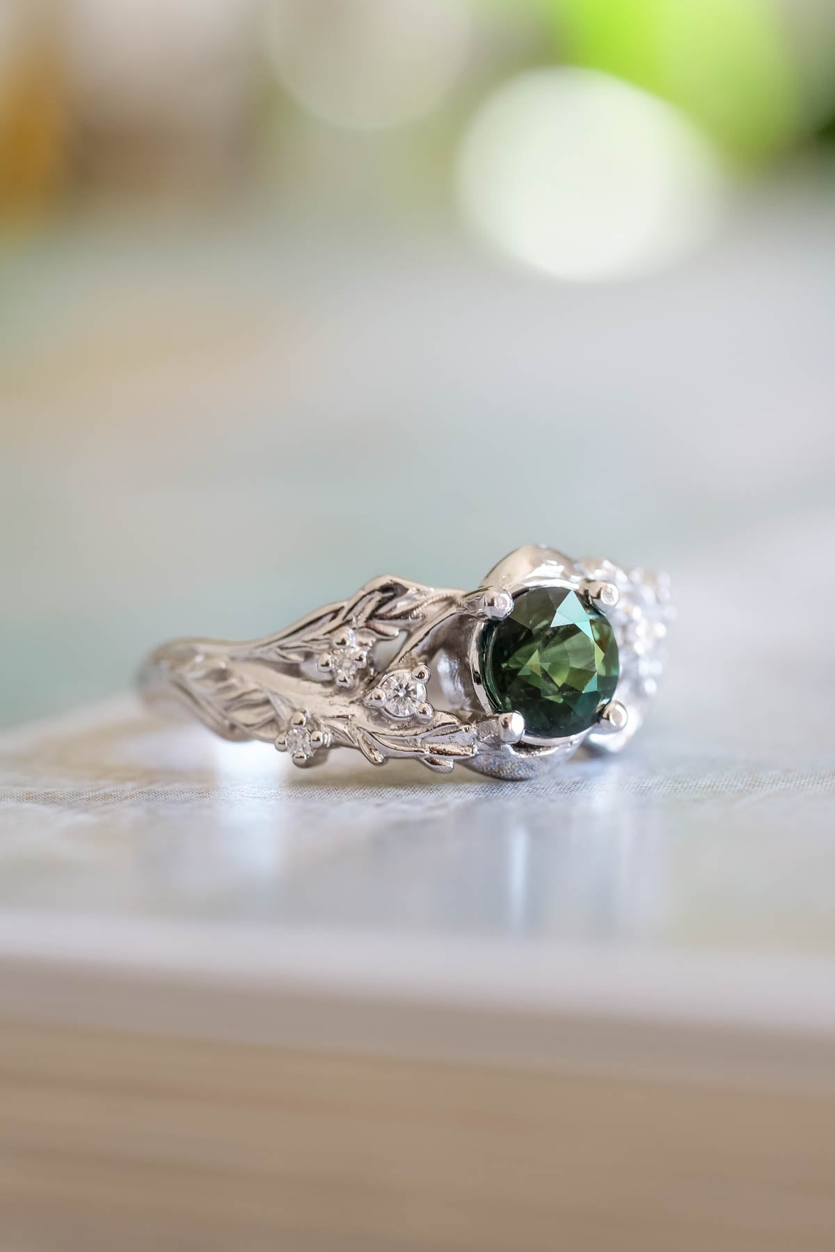 Green Sapphire and Diamond Asymmetric Cluster Ring in 14k Yellow Gold -  Shibumi Gallery
