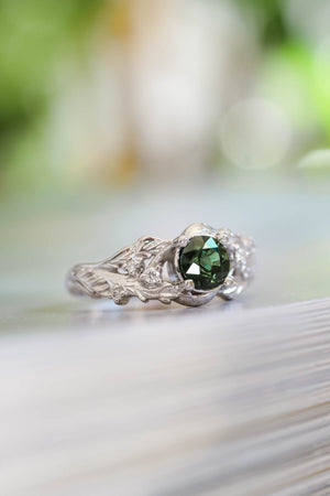 Genuine green sapphire engagement ring, nature inspired white gold engagement ring / Japanese Maple - Eden Garden Jewelry™