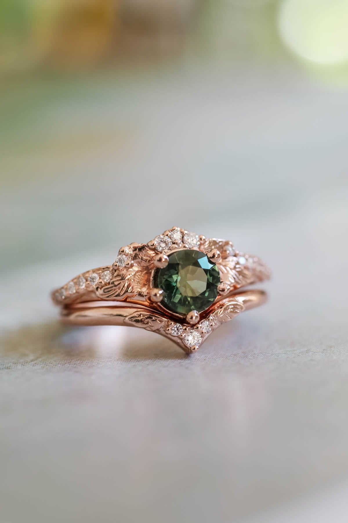 Natural green sapphire bridal ring set, sapphire and diamonds engagement ring / Amelia - Eden Garden Jewelry™