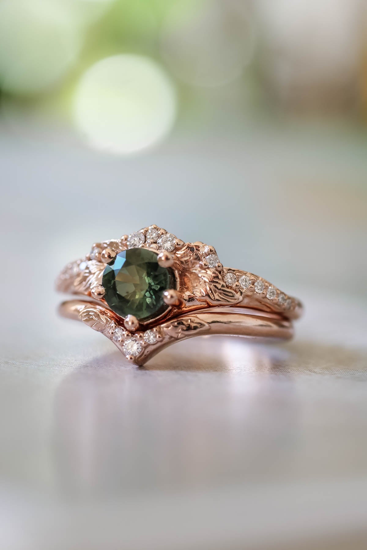 Natural green sapphire bridal ring set, sapphire and diamonds engagement ring / Amelia - Eden Garden Jewelry™