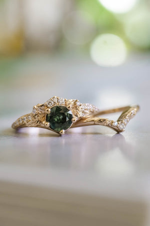 Natural green sapphire engagement ring, gold palm leaves ring with pear cut  gemstone / Palmira | Eden Garden Jewelry™