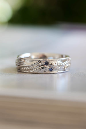 Nature inspired sapphire wedding band for man, comfort fit gold wedding band / Callisto - Eden Garden Jewelry™