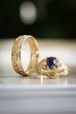 Wedding bands set for couple: leaf wedding band for him, Wisteria ring set with lab alexandrite for her - Eden Garden Jewelry™