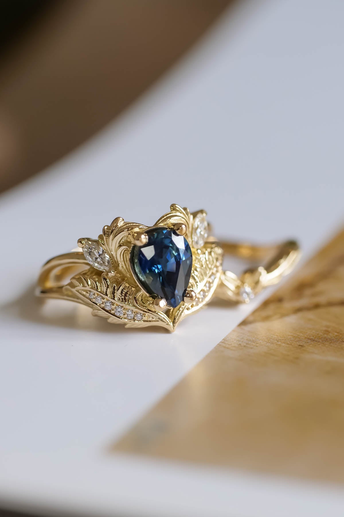 Dark blue sapphire engagement ring, ornate proposal ring with diamonds / Adonis - Eden Garden Jewelry™