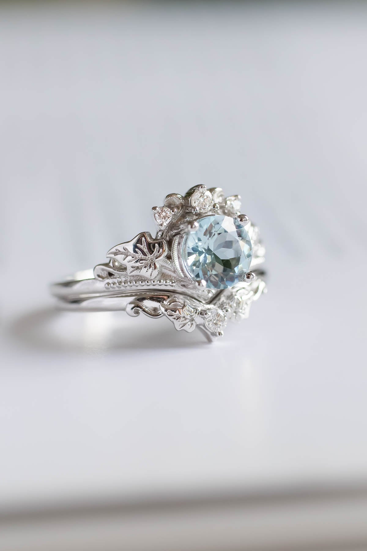 1 carat aquamarine engagement ring set, tiara shape gold ring with diamonds / Ariadne - Eden Garden Jewelry™