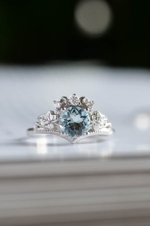 OVAL AQUAMARINE ENGAGEMENT RING WITH DIAMOND HALO & ACCENTS