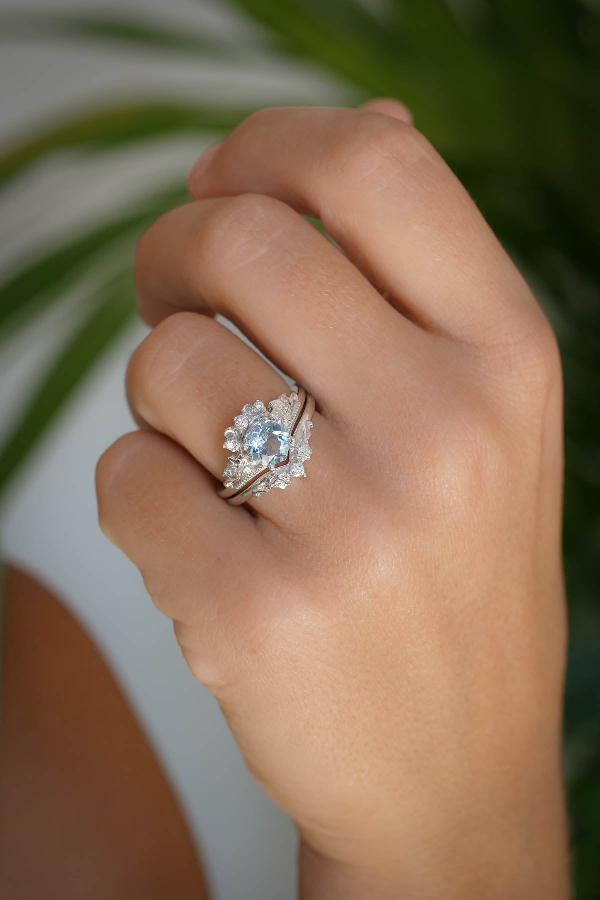 1 Carat Aquamarine Engagement Ring Set, Tiara Shape Gold Ring with Diamonds / Ariadne
