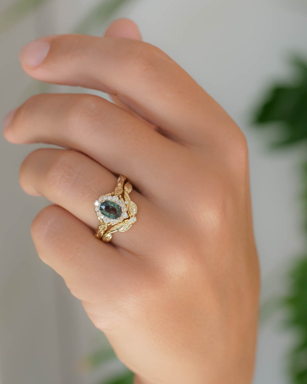 Halo sapphire leaf engagement ring set, nature inspired gold ring with diamond halo / Florentina - Eden Garden Jewelry™