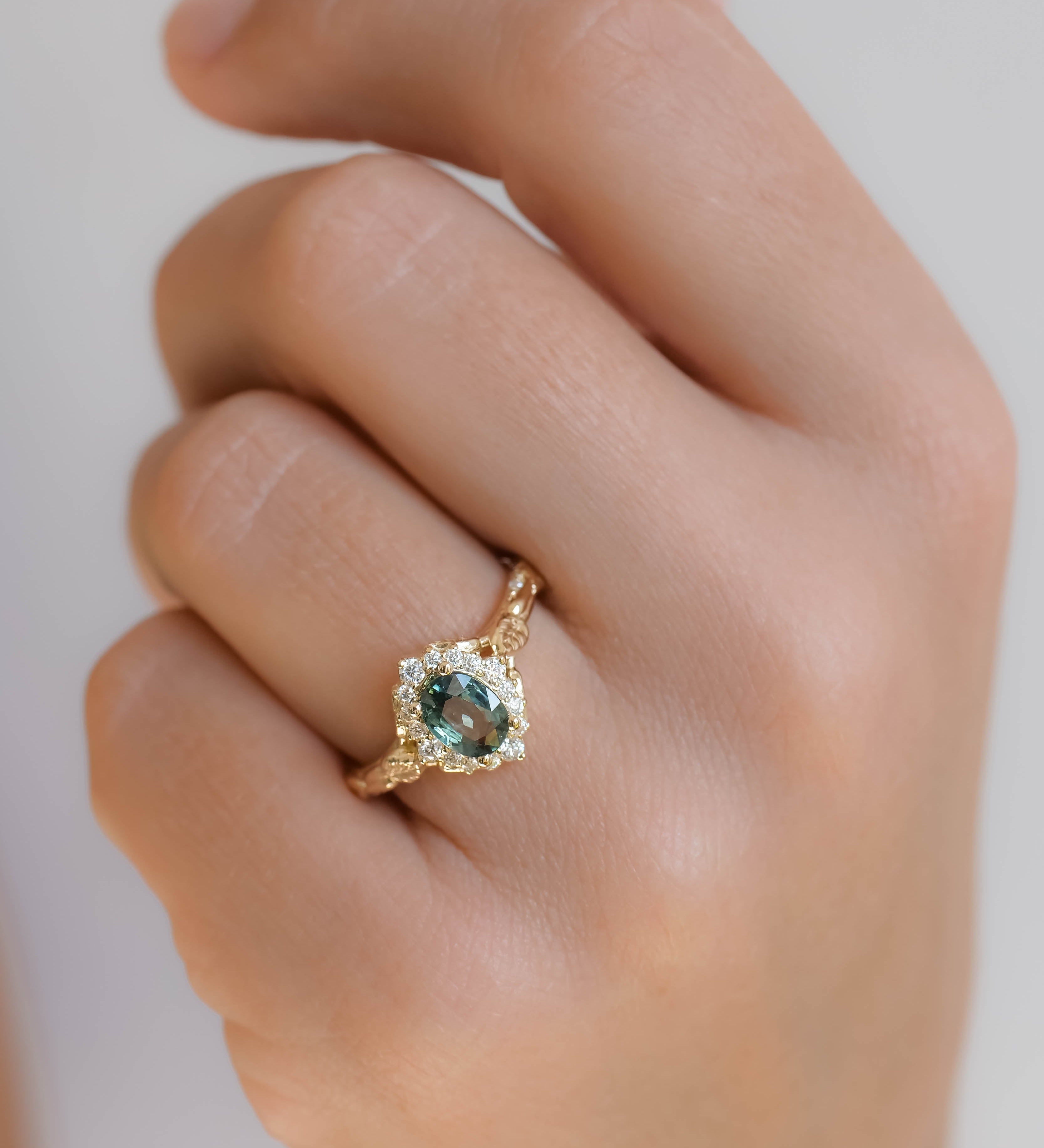 Diamond halo and sapphire engagement ring, gold leaf engagement ring  / Florentina - Eden Garden Jewelry™