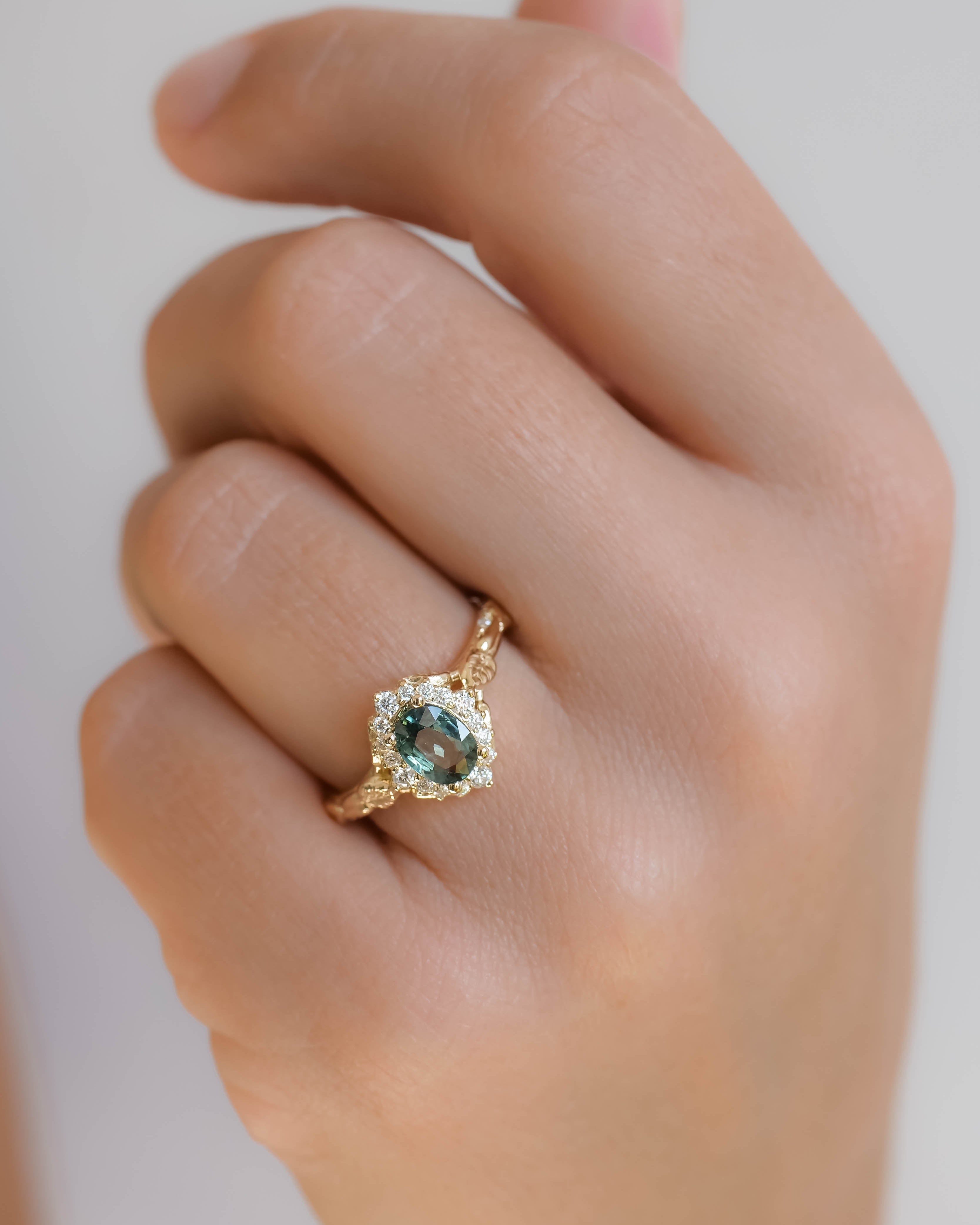 Diamond halo and sapphire engagement ring, gold leaf engagement ring  / Florentina - Eden Garden Jewelry™