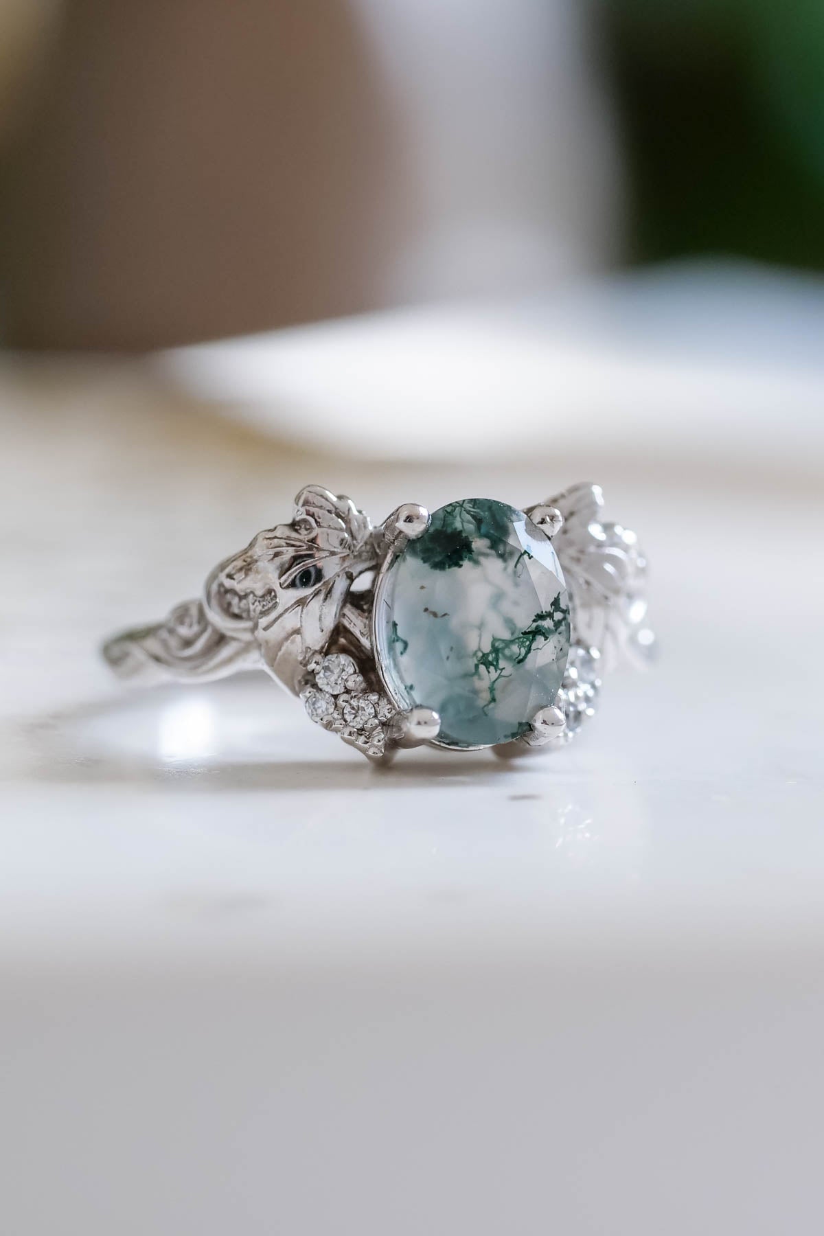 Moss agate and diamonds engagement ring, gold leaf and vine engagement ring / Vineyard - Eden Garden Jewelry™