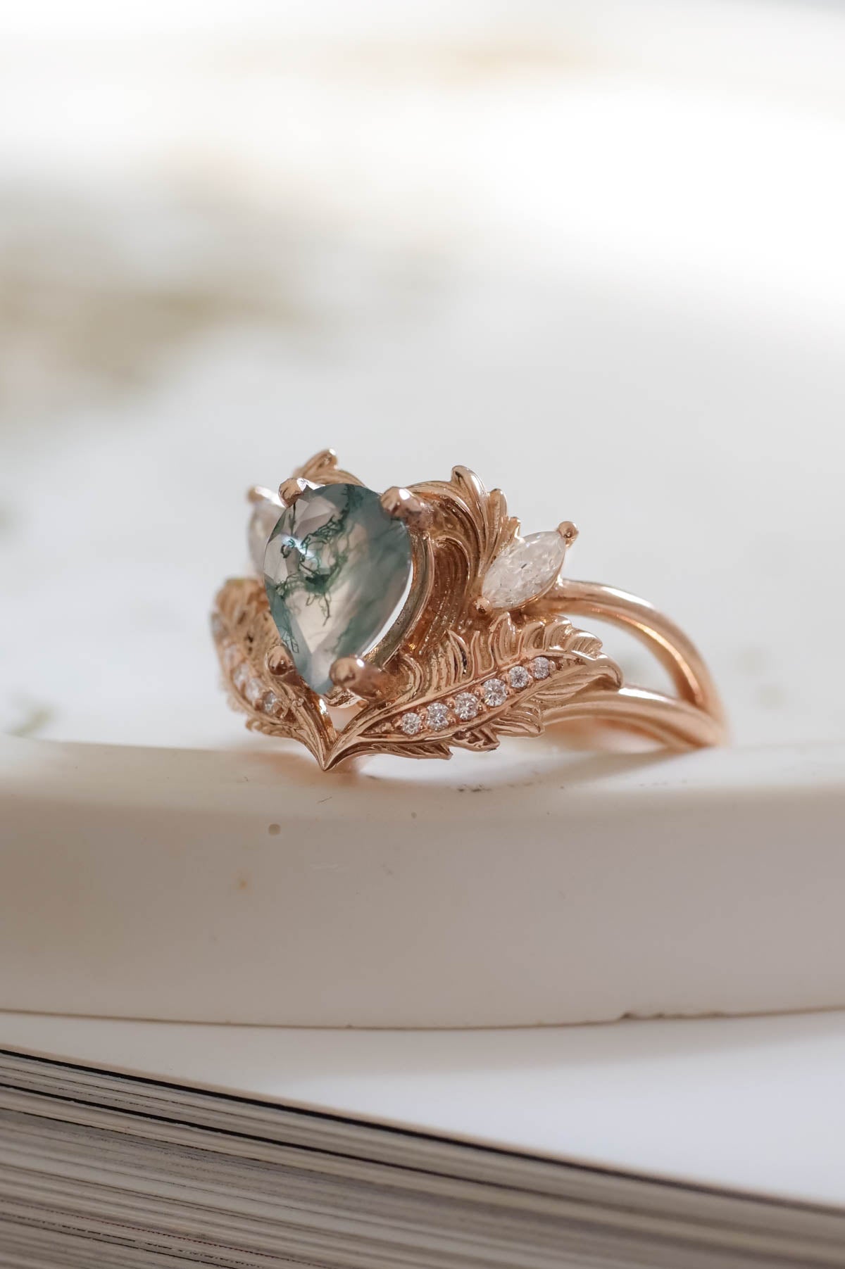 Natural moss agate engagement ring, rose gold proposal ring with diamonds / Adonis - Eden Garden Jewelry™