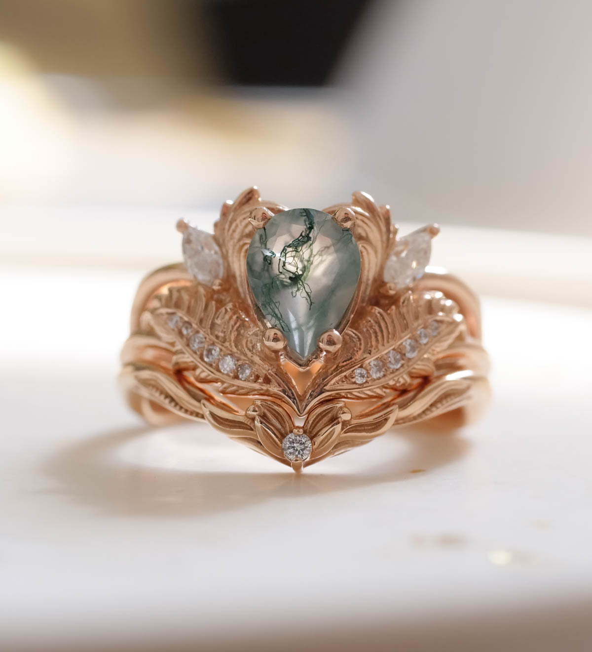 Natural moss agate bridal ring set, rose gold engagement rings with diamonds / Adonis - Eden Garden Jewelry™