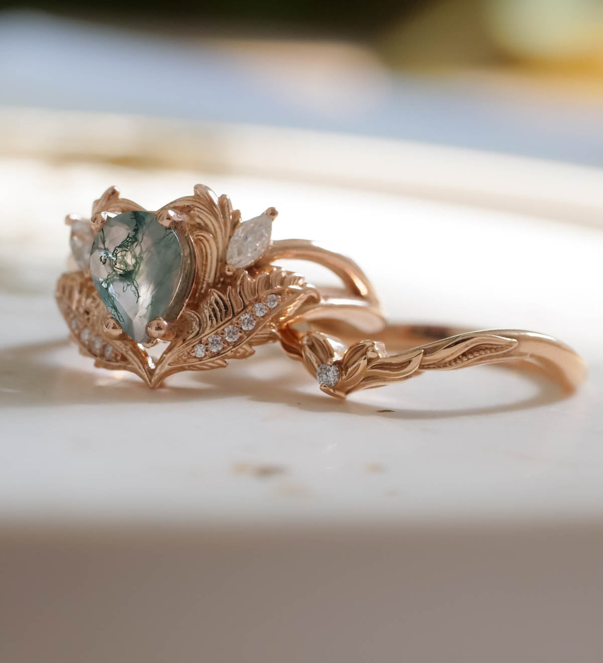 Natural moss agate bridal ring set, rose gold engagement rings with diamonds / Adonis - Eden Garden Jewelry™
