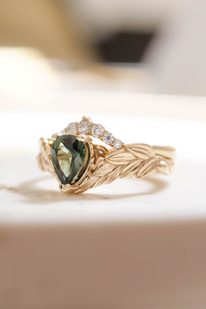 Green sapphire and diamonds bridal ring set, nature themed gold engagement and wedding rings / Palmira - Eden Garden Jewelry™
