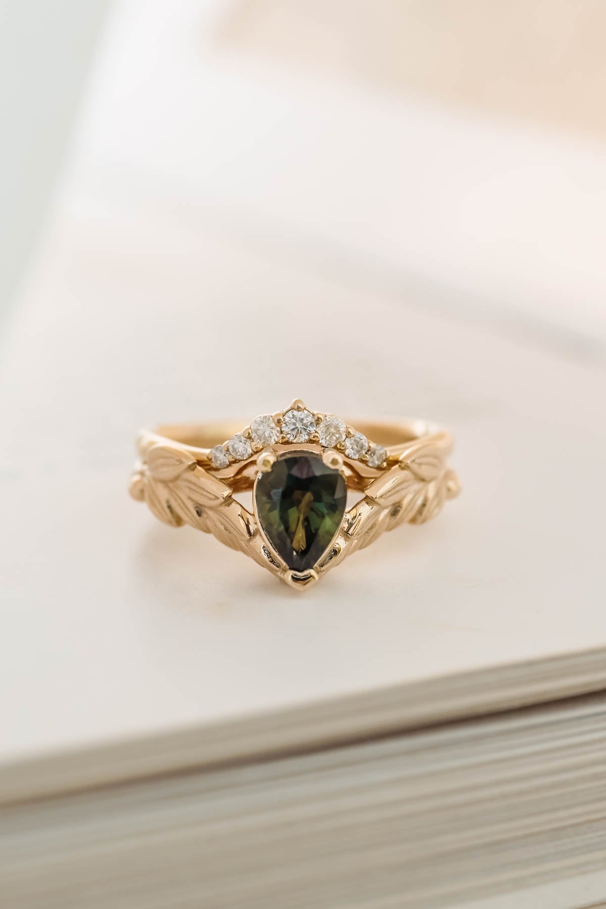 Natural green sapphire engagement ring, gold palm leaves ring with pear cut gemstone / Palmira - Eden Garden Jewelry™