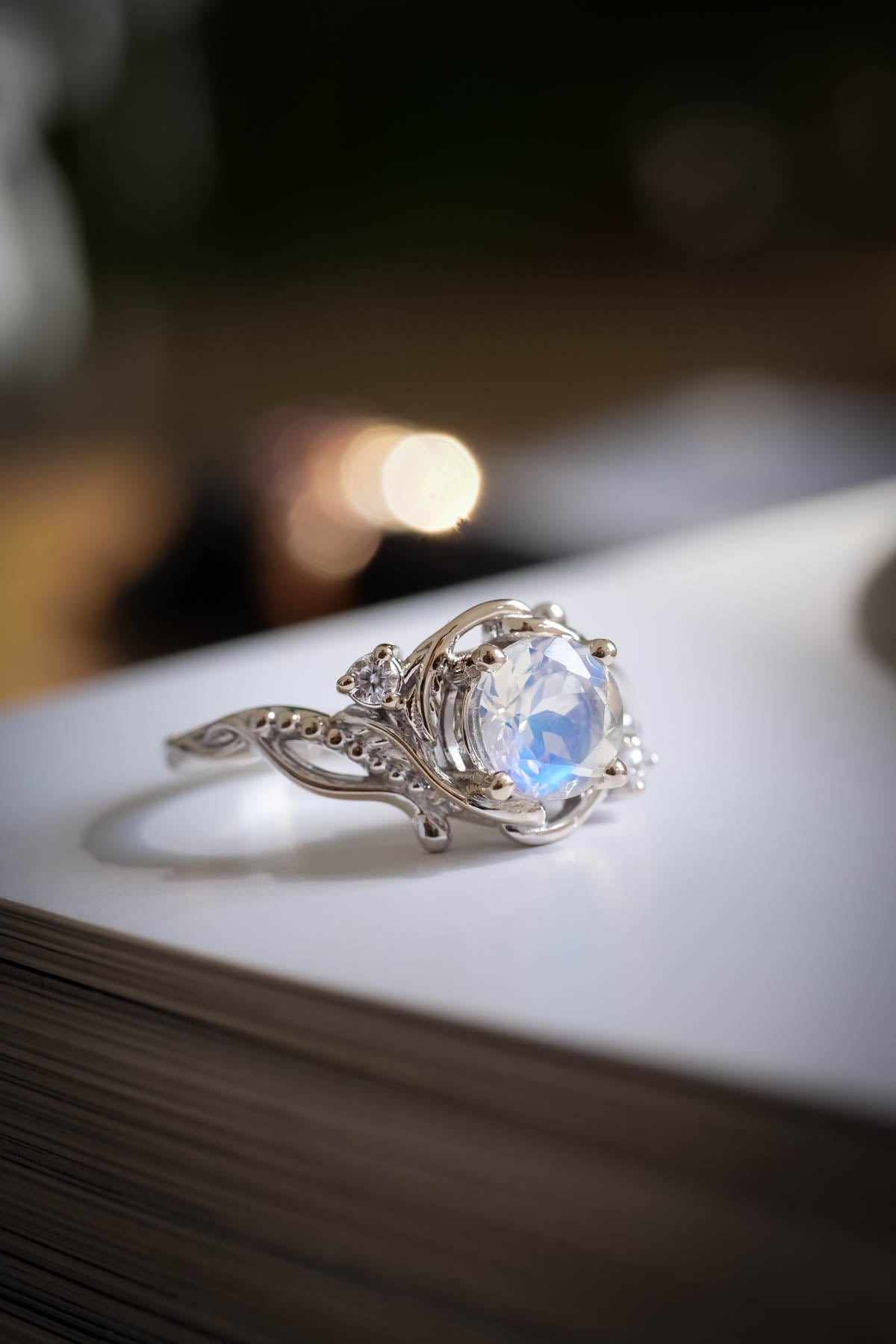14k White Gold Custom Moonstone And Diamond Engagement Ring #104874 -  Seattle Bellevue | Joseph Jewelry