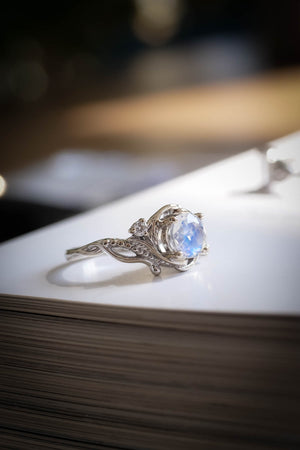 Moonstone engagement ring with diamonds, gold rainbow gemstone ring / Undina - Eden Garden Jewelry™