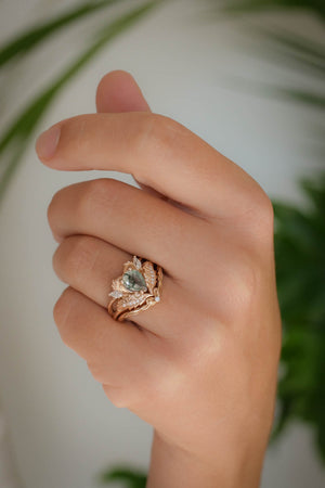 Natural moss agate bridal ring set, rose gold engagement rings with diamonds / Adonis - Eden Garden Jewelry™