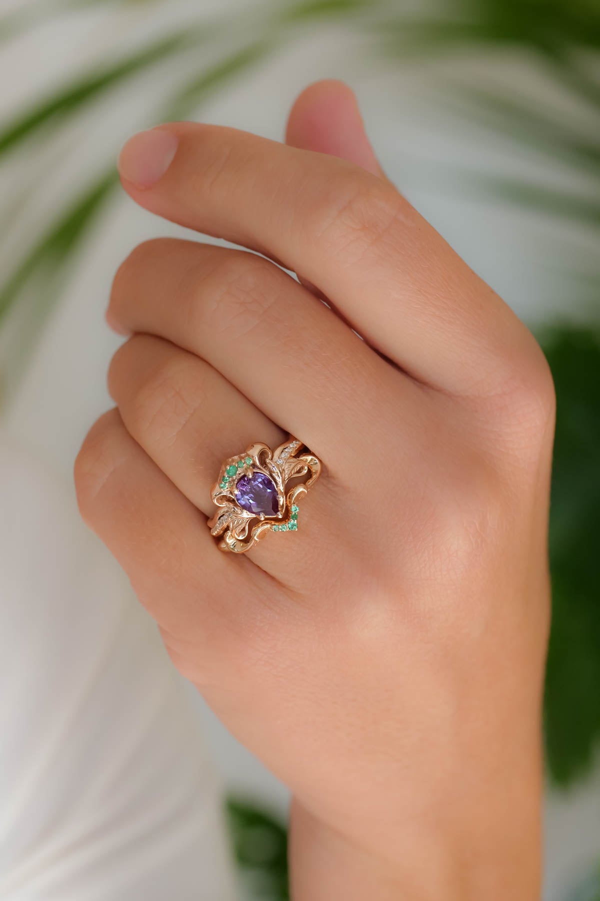 Faunus | custom bridal ring set with pear cut gemstone 8x6 mm - Eden Garden Jewelry™