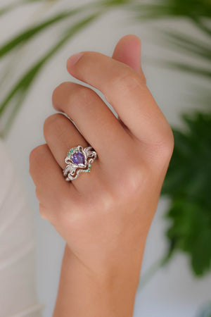Unusual bridal ring set with colour changing alexandrite, emerald engagement and wedding rings /  Faunus - Eden Garden Jewelry™