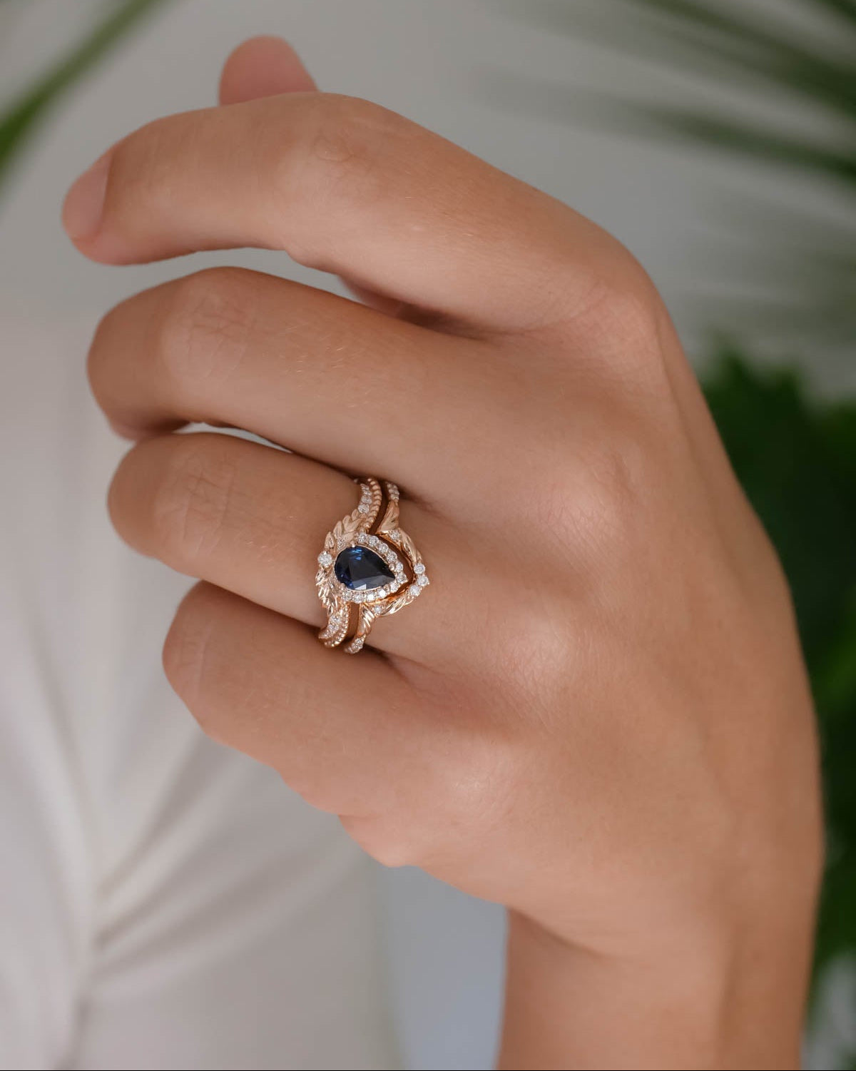 Royal blue sapphire engagement ring set, gorgeous diamond bridal