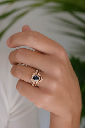 Solitaire Blue Emerald Sapphire Moonstone Engagement Ring Set 2pcs