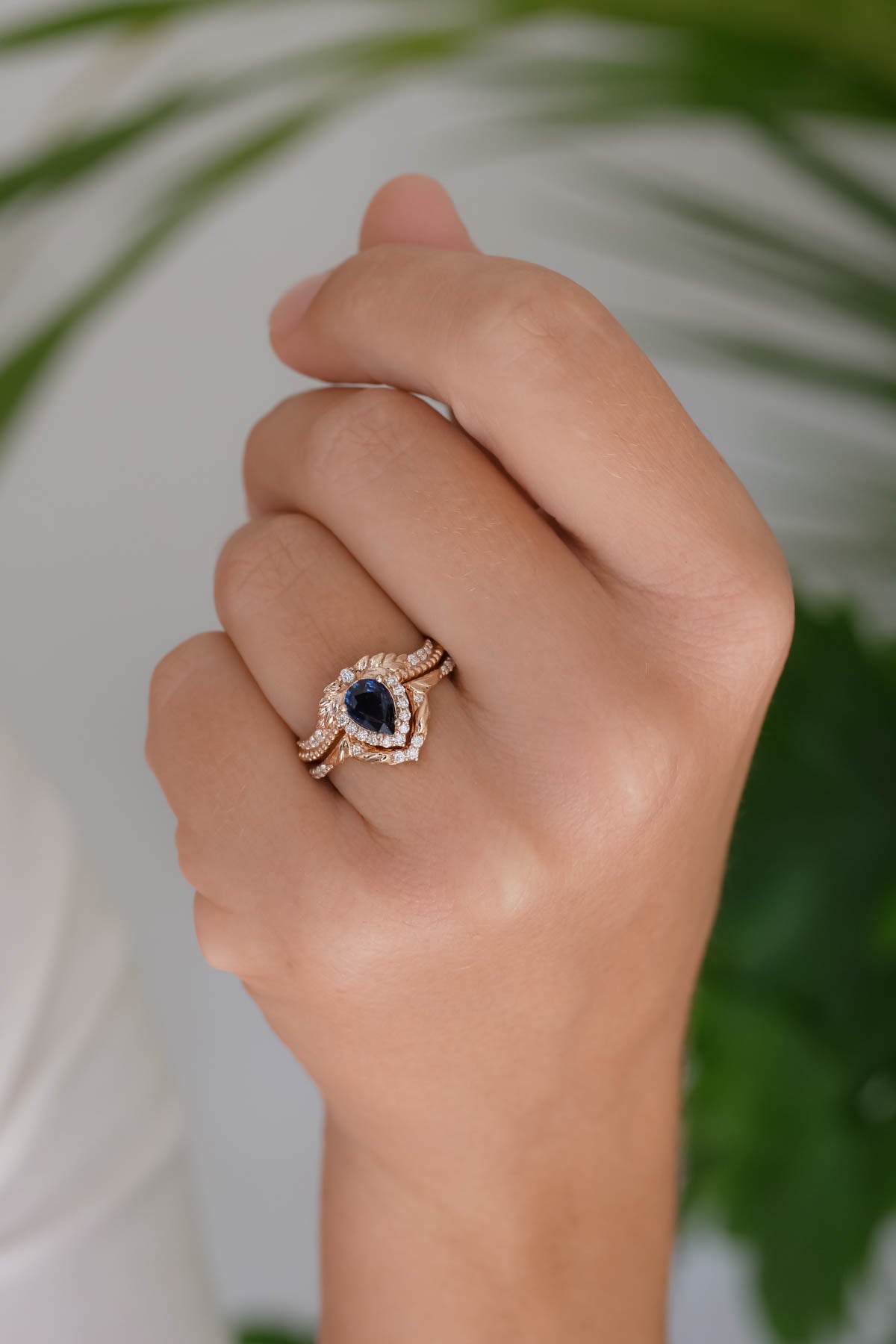 Genuine sapphire engagement ring, rose gold halo engagement ring / Lyonella - Eden Garden Jewelry™