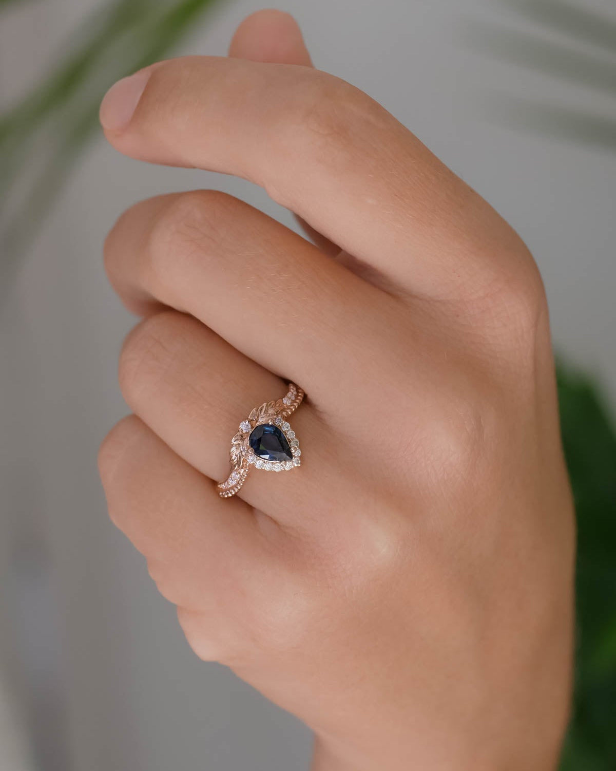 Genuine sapphire engagement ring, rose gold halo engagement ring / Lyonella - Eden Garden Jewelry™