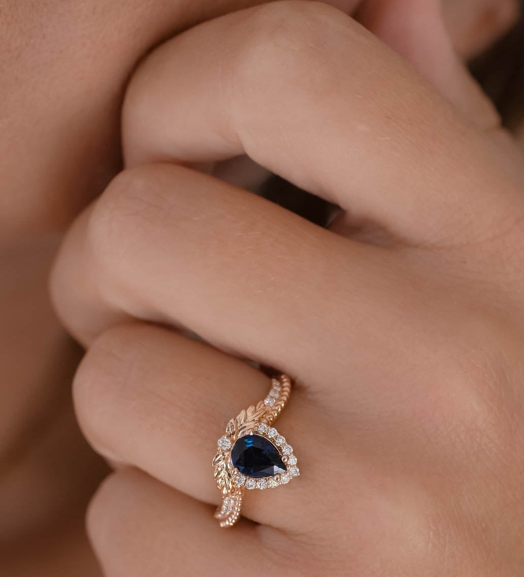 Genuine sapphire engagement ring, rose gold halo engagement ring / Lyonella - Eden Garden Jewelry™