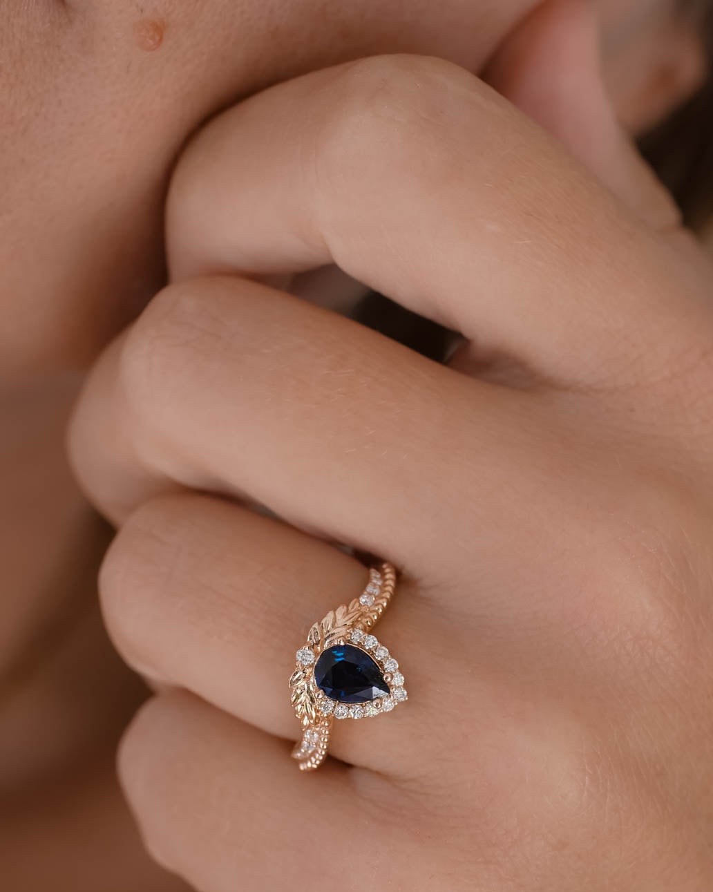 Genuine sapphire engagement ring, rose gold halo engagement ring / Lyonella - Eden Garden Jewelry™