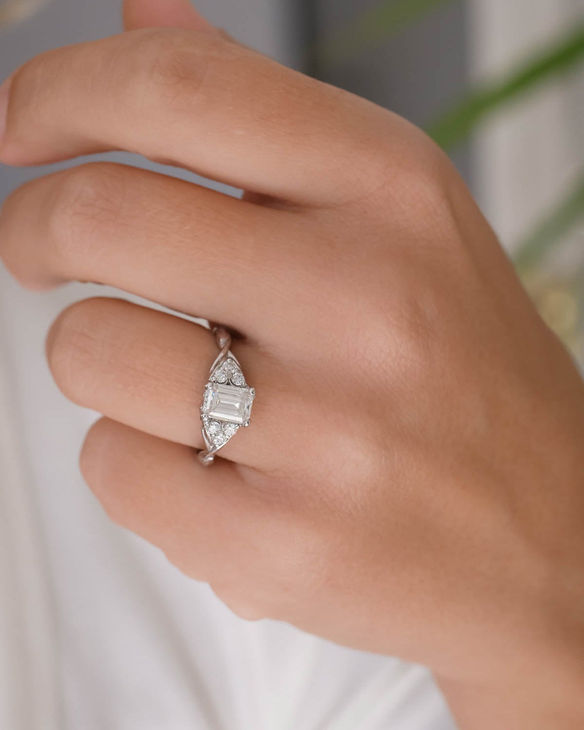 Emerald cut moissanite engagement ring, white gold diamond ring / Gloria - Eden Garden Jewelry™