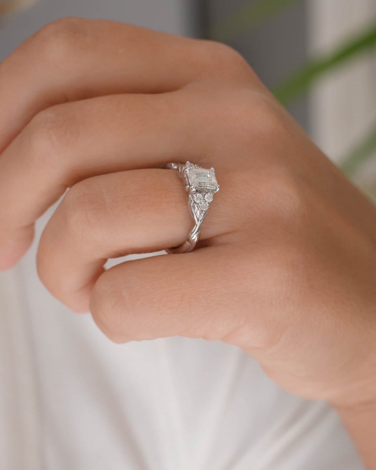 Emerald cut moissanite engagement ring, white gold diamond ring / Gloria - Eden Garden Jewelry™