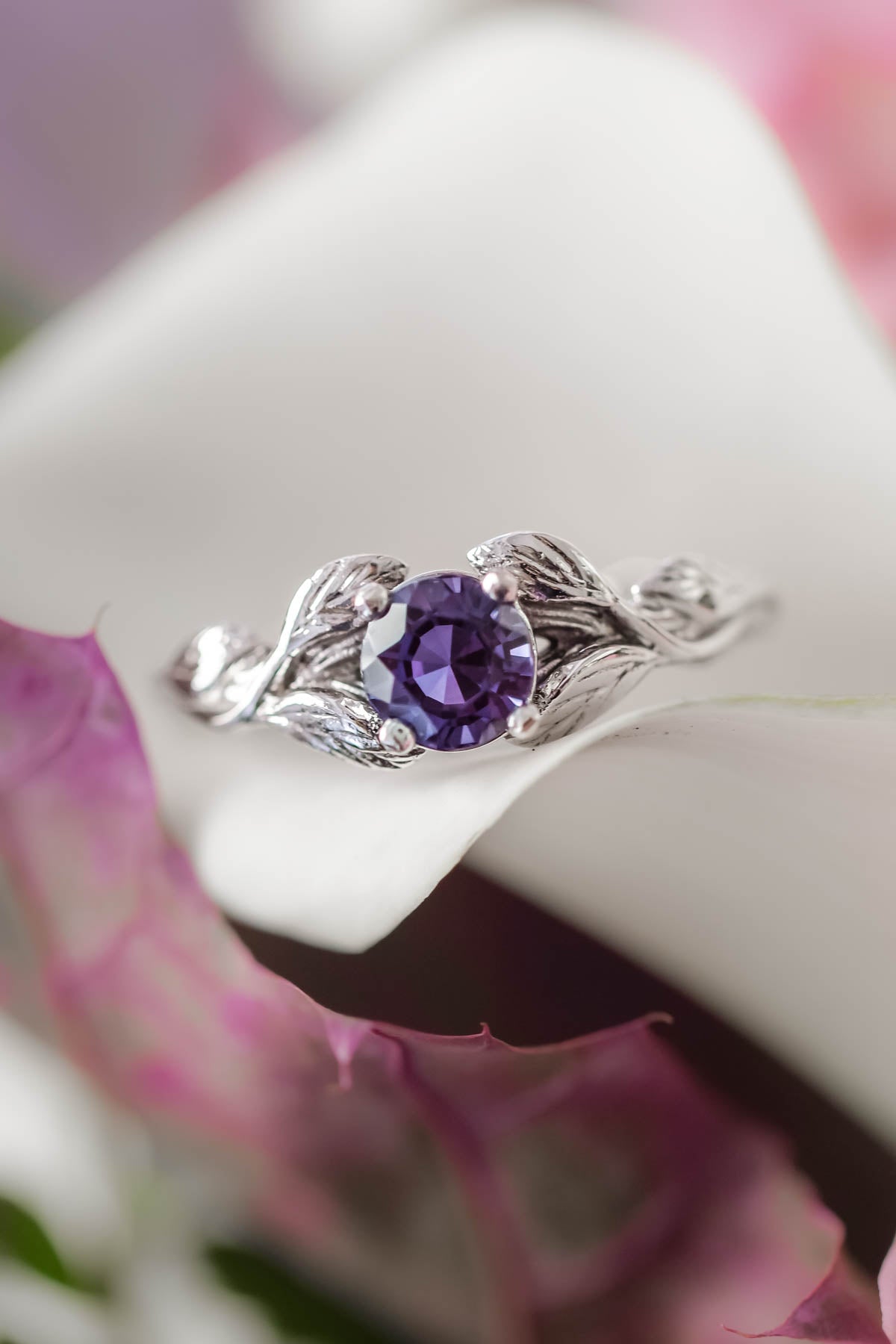 Alexandrite gold leaf engagement ring / Clematis - Eden Garden Jewelry™