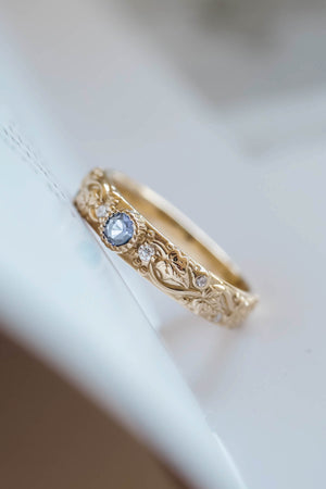 Wedding bands set for Maria & Alberto: Claddagh ring for him, ivy band with aquamarine for her - Eden Garden Jewelry™