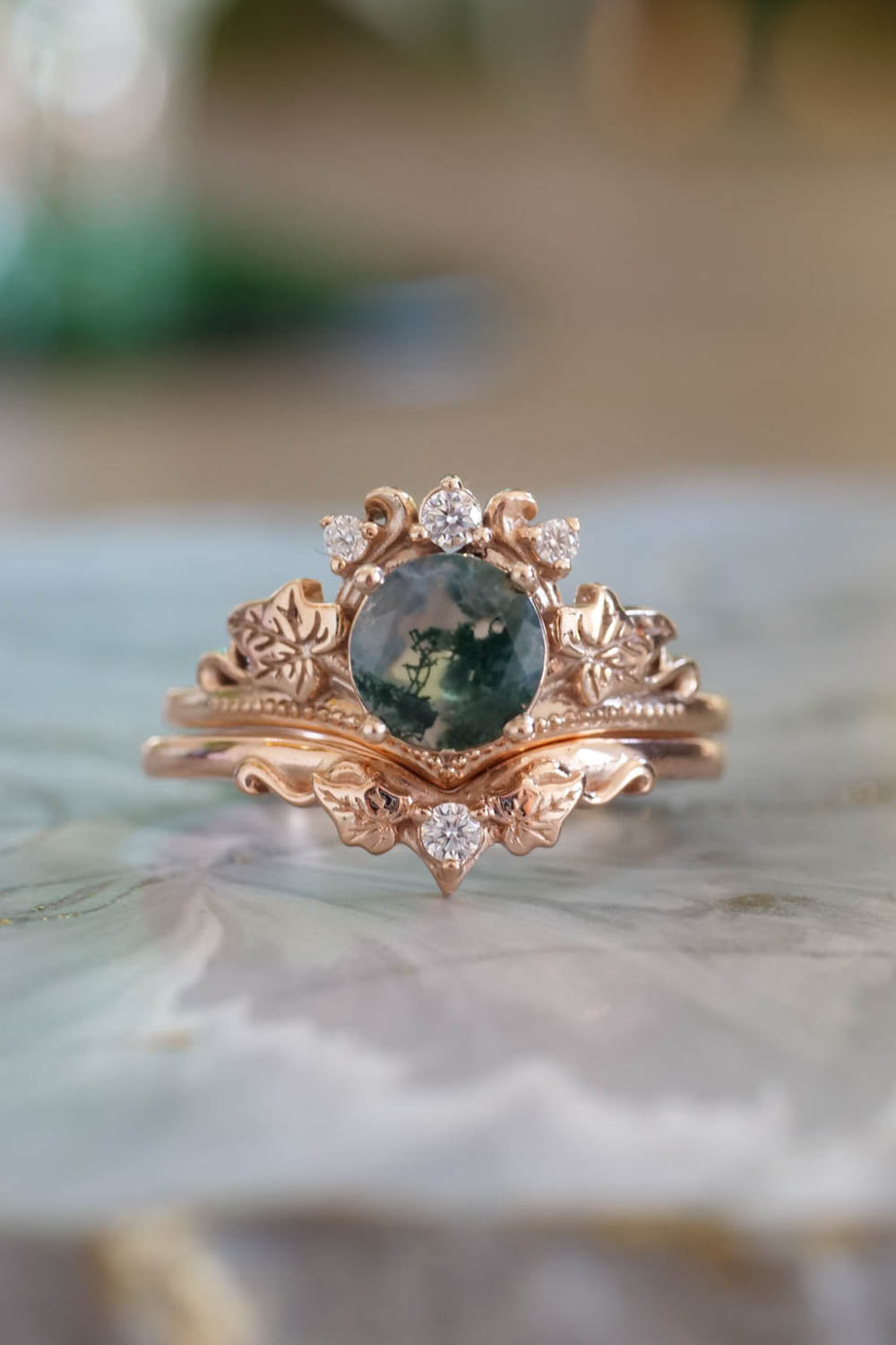 Couples ringset with Moss agate, engagement ring, moss agate jewelry, moss  agate wedding ring set, green moss agate ring, rings moss agate