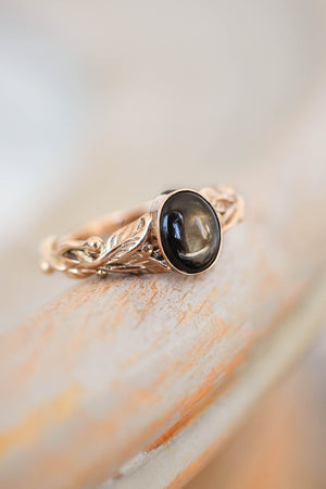 Black star sapphire engagement ring, leaves band / Cornus oval cab - Eden Garden Jewelry™