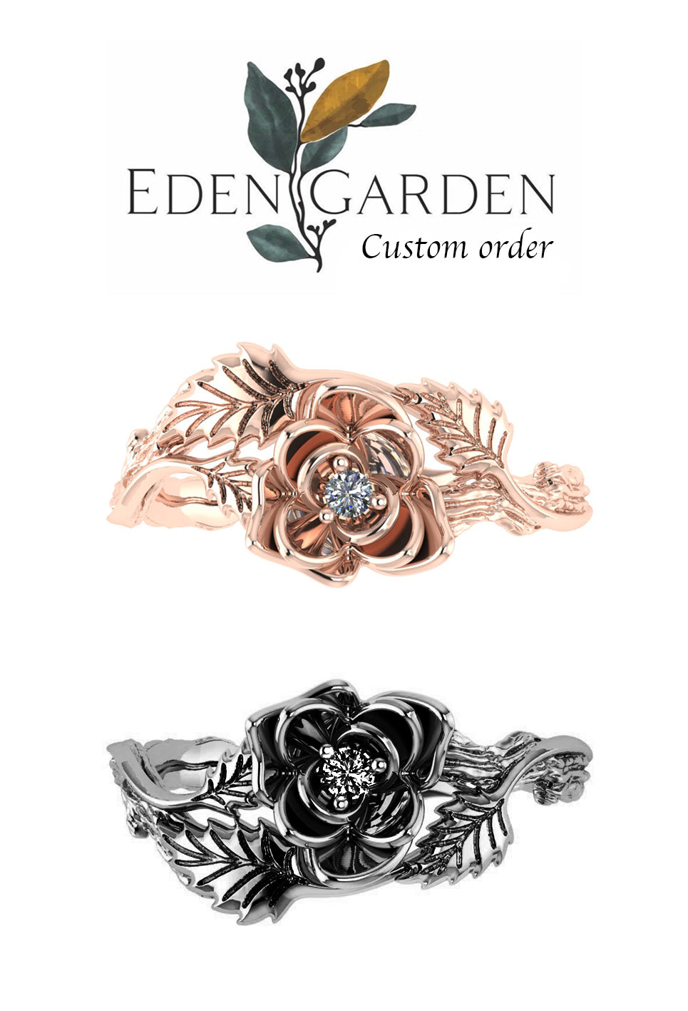 Custom order: two rose flower rings with diamonds - Eden Garden Jewelry™