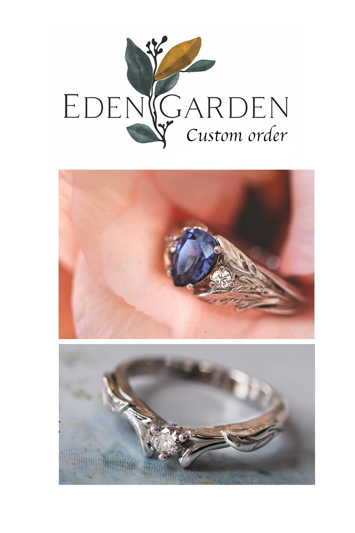 Custom order: Natural sapphire & diamonds ring set / Wisteria