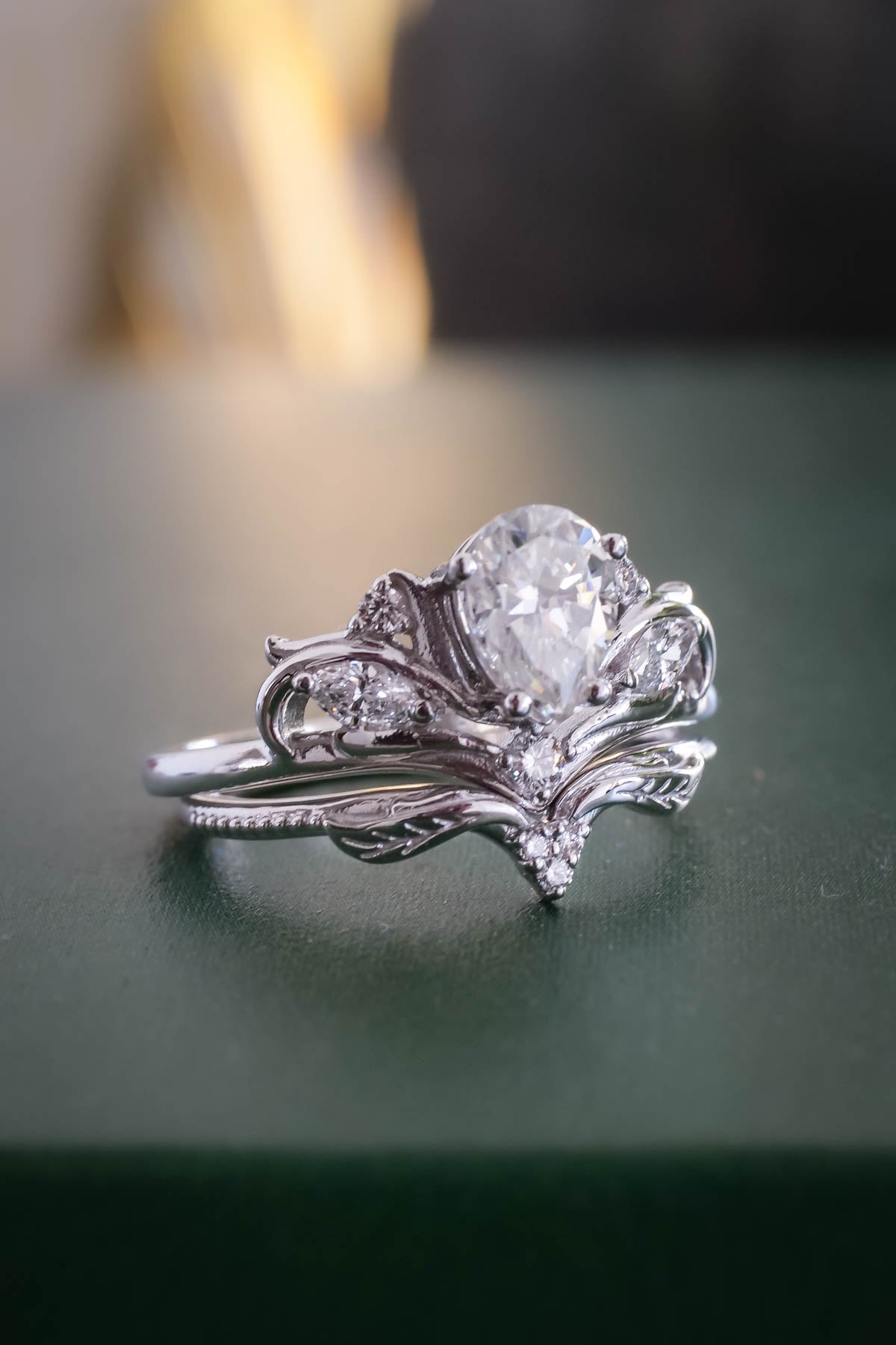 Unique bridal ring set with pear shaped lab grown diamond