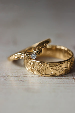 Wedding rings set for couple: gold ivy ring for man, chevron diamond ring for woman - Eden Garden Jewelry™