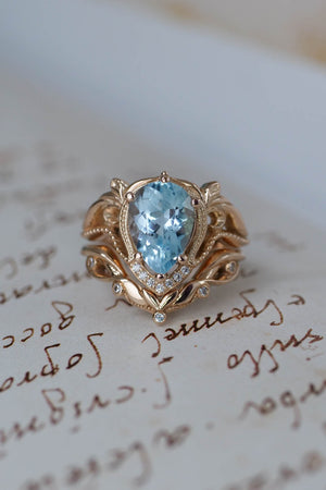 Bridal ring set with big pear cut aquamarine, beautiful ring set for nature lovers